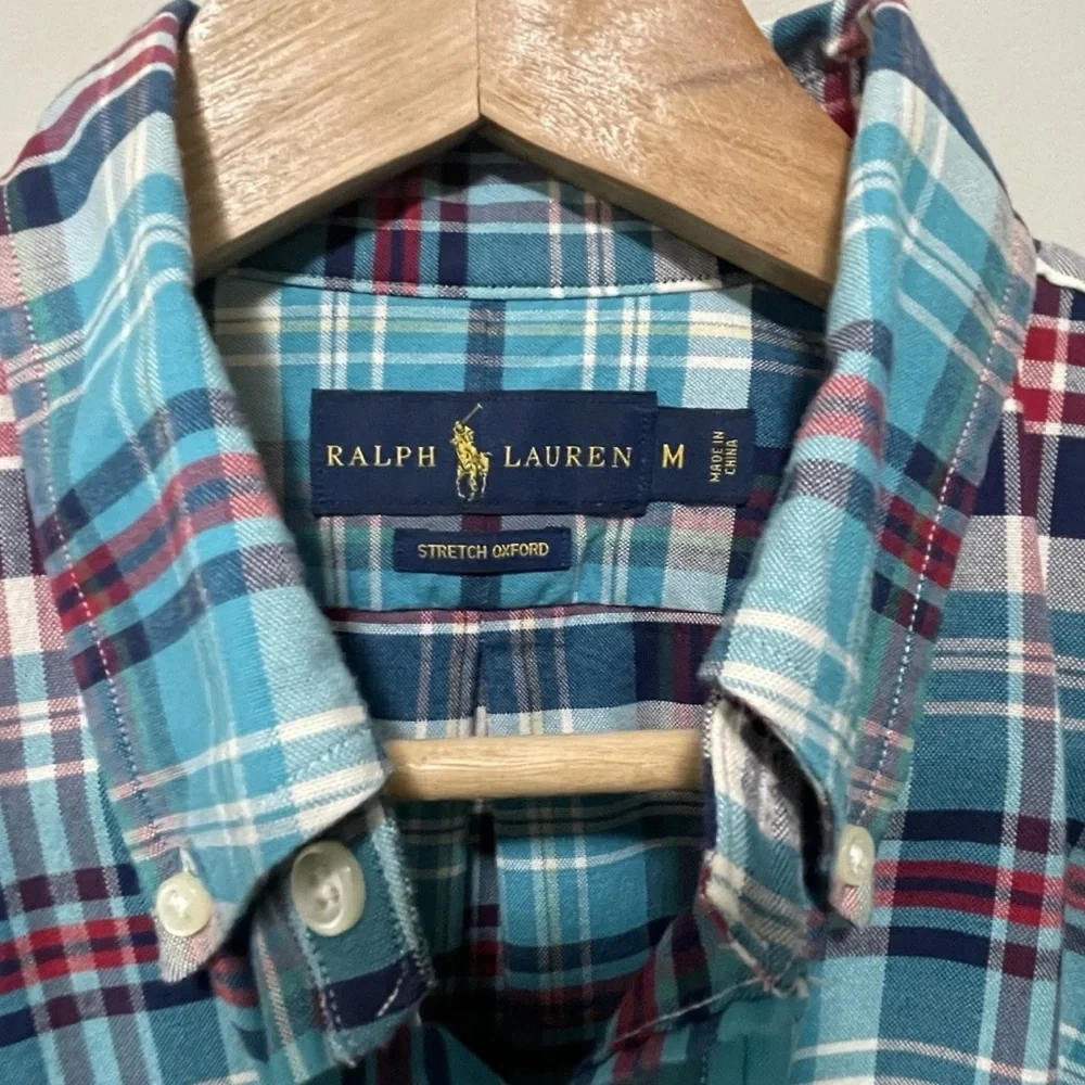 Polo Ralph Lauren Plaid Shirt Men Medium Blue Red Stretch Button Down - Picture 3 of 8